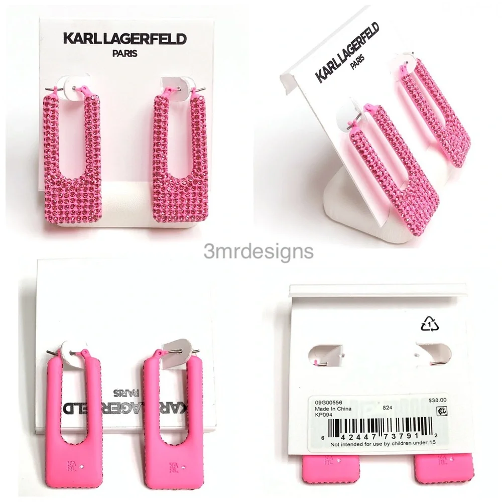 NWT KARL LAGERFELD Pink Color-Coated Glass Crystal Square Hoop Earrings - Picture 7 of 7